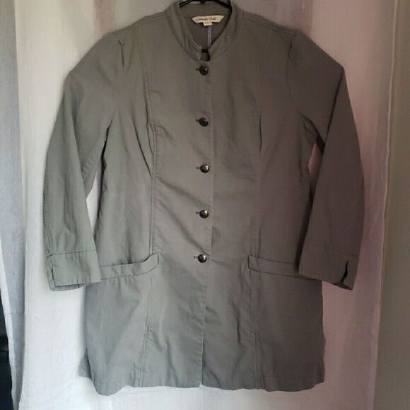 Coldwater Creek Women Trench Coat Size L Gray Buttons Pockets Cotton Lightweight - Picture 1 of 13